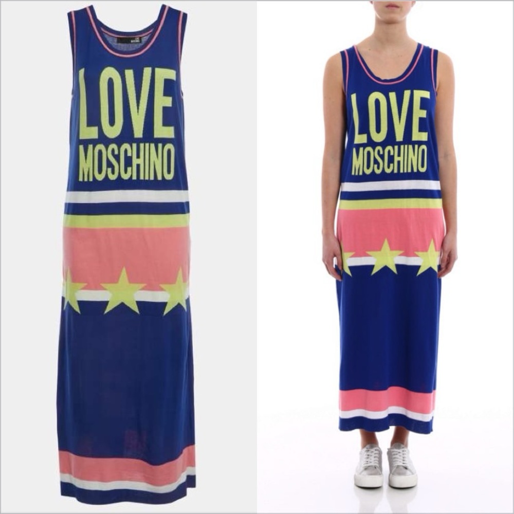 Love Moschino Rare Bright Blue Knit Logo Yellow Stars Sleeveless Maxi Dress 6